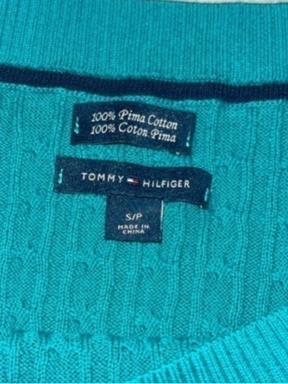 Tommy Hilfiger Turquoise Cable Knit Pima Cotton Sweater Top Size S/P - Picture 6 of 9